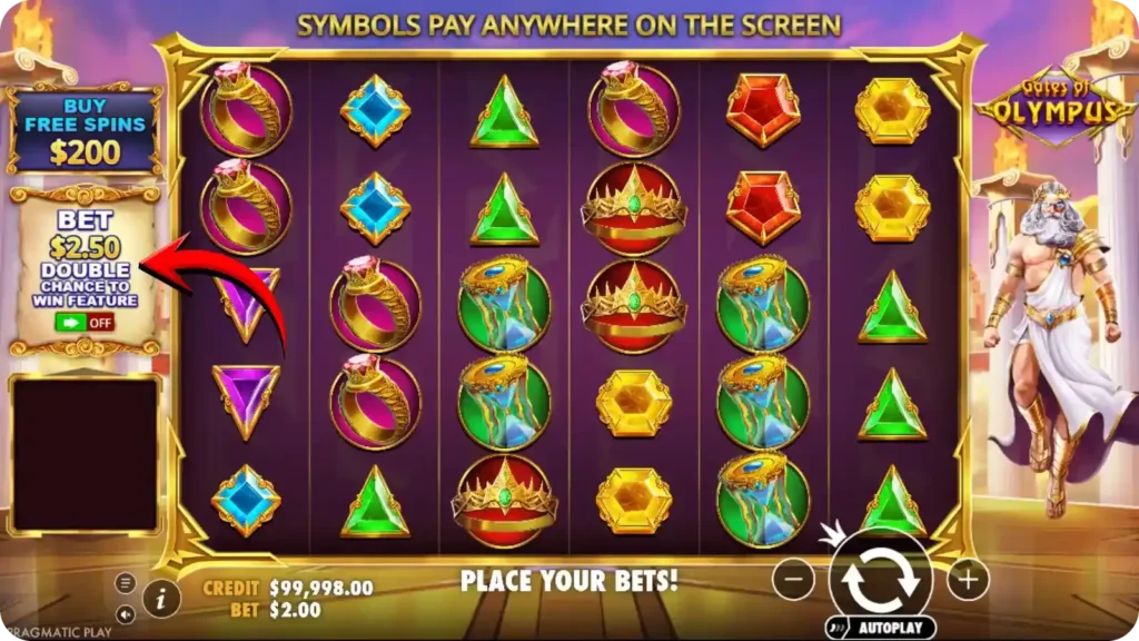 Ante Bet-knop op de Gates of Olympus spelinterface